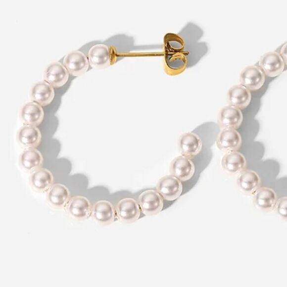 Pearl 18K Gold Stainless Steel Waterproof Hoop Earrings - Picture 4 of 11